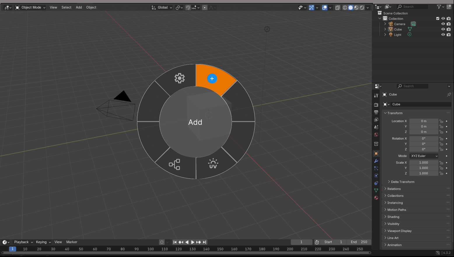 Blender app with pie menu open, displaying the add (add-on) option selected.